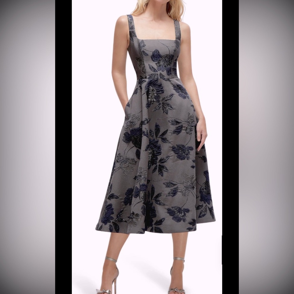 Dessy Collection MetallicFloralJacquard Midi Dress,noir Midnight Navy,sz18R,new